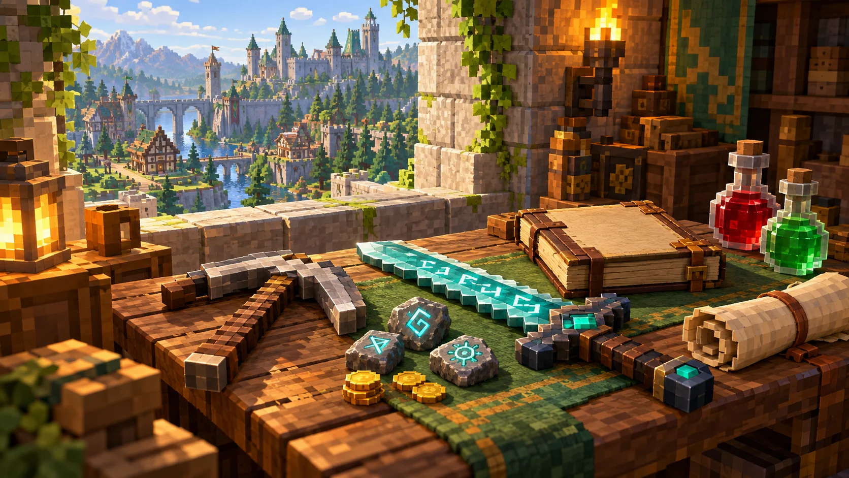 Equipo de aventura, runas y pociones sobre una mesa de madera